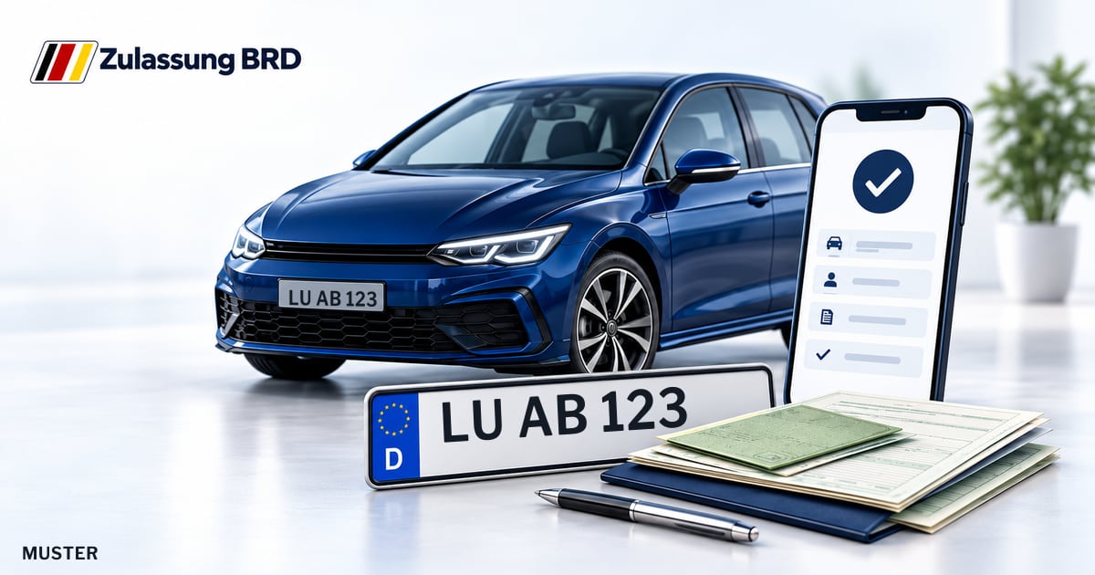 Online Fahrzeugzulassung in Ludwigshafen: Musterkennzeichen LU AB 123, Auto und Fahrzeugpapiere und Smartphone. Illustration mit Logo von Zulassung BRD.